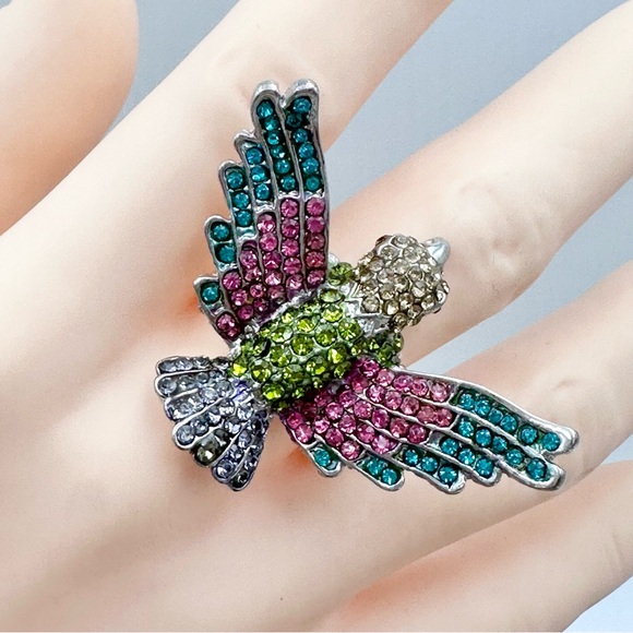 Large Multicolor Rhinestone Bird Cocktail Stretch Ring - Picture 2 of 7